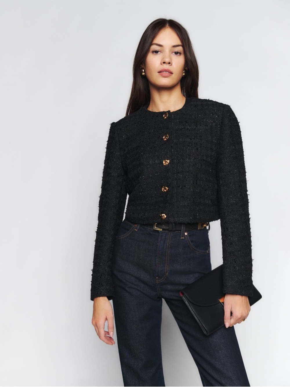 Reformation Black Tweed Cropped Blazer with Gold Buttons